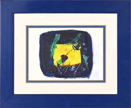 Original Abstract Oil on Canvas – Bold Yellow & Blue, Framed