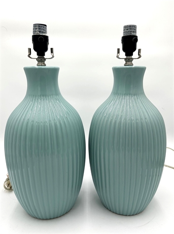 Pair of Ribbed Ceramic Table Lamps, Teal Glaze, 19" H