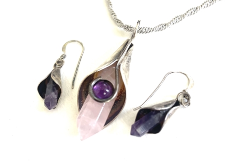 Sterling Silver Amethyst and Crystal Earrings and Necklace Set