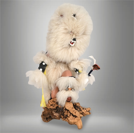 Kweo (Wolf) Kachina by Paja (Jemez) — 23" Wool-on-Hide, Burl Wood Base