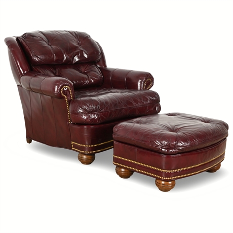 Bernhardt Leather Armchair with Ottoman - Burgundy Finish