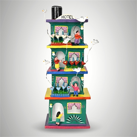 17" Ortega “Hotel” Hand-Painted Folk Art Sculpture –  Figural Tower