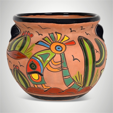 Mexican Hand-Painted Terracotta Cactus & Roadrunner Planter