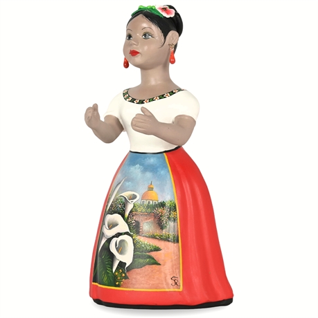 Hand-Painted Mexican Lupita Ceramic Figurine – Signed, Glass Earrings