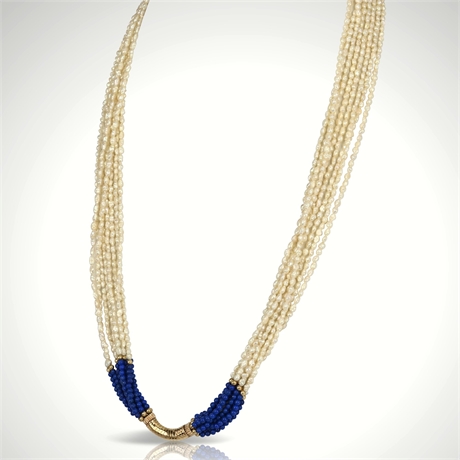 Vintage 14K Gold Multi-Strand Baroque Freshwater Pearl & Lapis Lazuli Necklace