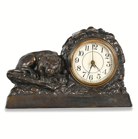 Lux Clock Mfg. Co. Figural Mountain Lion Electric Mantel Clock, Waterbury