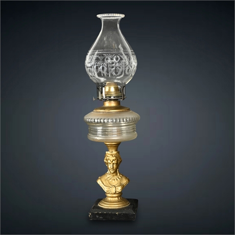 Gilt Bronze Lady Bust Oil Lamp with Frosted Glass & Etched Hurricane, Macbeth