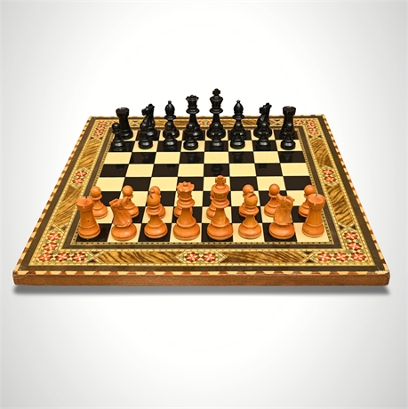 Staunton Chess Set with Mosaic-Style Inlay Board & Tabacalera Cigar Box