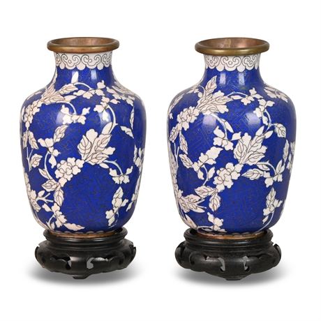 Pair Vintage Blue & White Cloisonne Vases