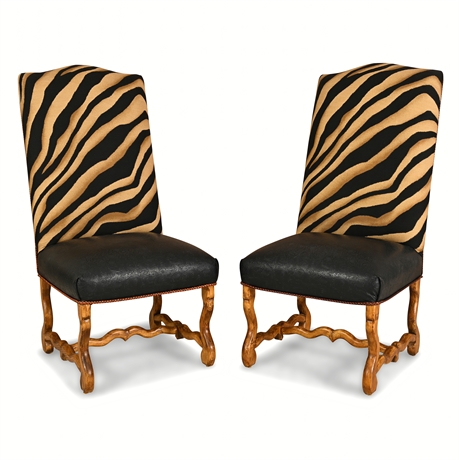 Zebra Print Os-de-Mouton Side Chairs — Embossed Vinyl, Braided Leather, Pair