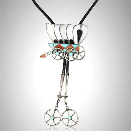 Zuni Sterling Silver & Multi-Stone Inlay Wagon Bolo Tie, Signed Joe Zunie