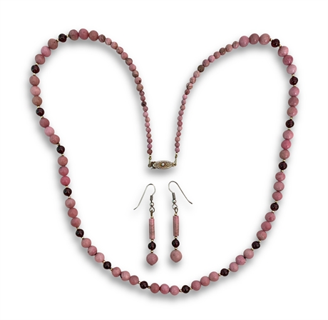Vintage 28" Rhodonite and Garnet and Gold Necklace & Earrings Set