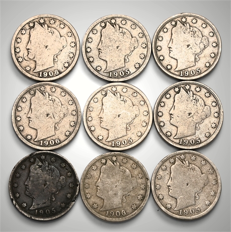 1905–1906 Liberty Head “V” Nickels – Lot of 9 Coins