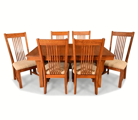 Mission Style Oak Dining Table w/ 2 Leaves & 6 Chairs