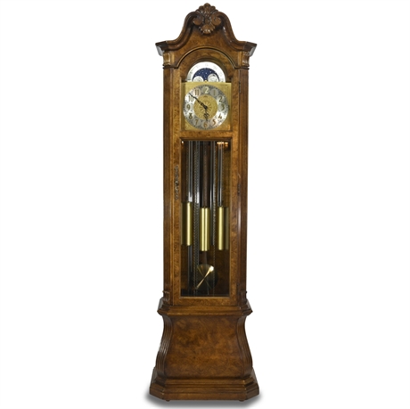 Vintage Bombé Walnut Burl Grandfather Clock