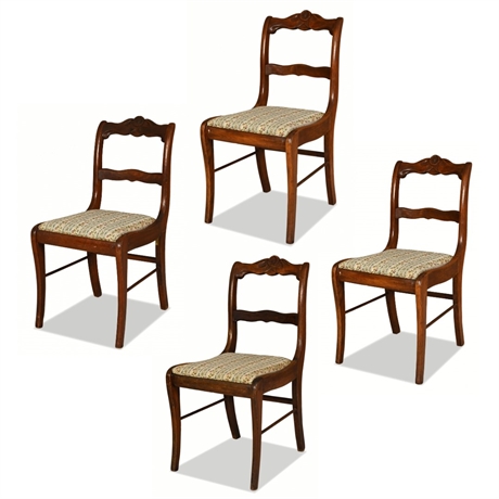 Set of Four Carved Mahogany Rose-Back Side Chairs, Tapestry Seats