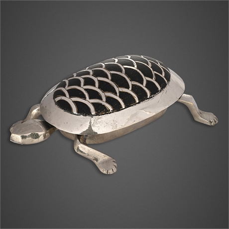 Turtle Trinket Box, Aluminum, Black Lacquer Shell, India