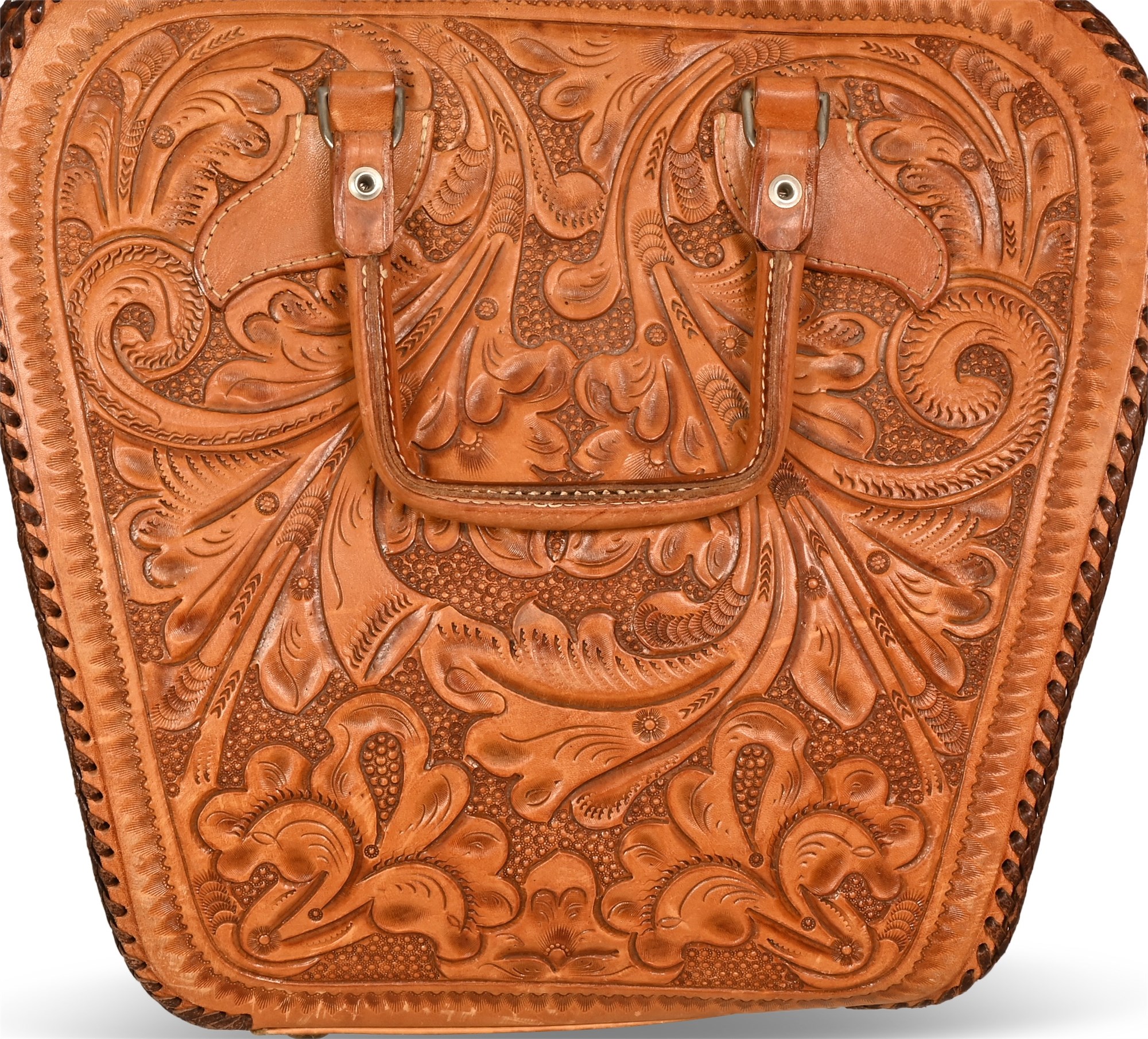 NM Auctions  Innovative Auction, Liquidation & Estate Sales - Mid-Century  Tooled Leather Bowling Bag from Mexico