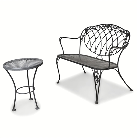 Mid-Century Wrought Iron Garden Bench + Side Table, Woodard Style