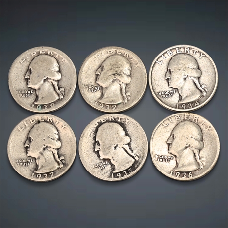 1934 - 1938 (6) Washington Silver Quarters