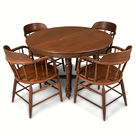 Early 20th C. Oak Saloon-Style Dining Set w/ Round Table & 4 Chairs