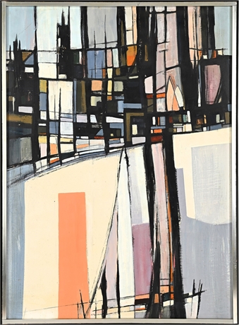 Mid-Century Modernist Abstract Cityscape, Oil on Masonite, Framed