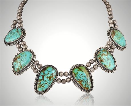 Navajo Minnie Thomas Sterling Silver & Royston Turquoise Necklace, 1970s