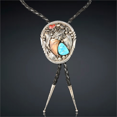 Navajo Sterling Silver Turquoise, Coral & Claw Bolo Tie