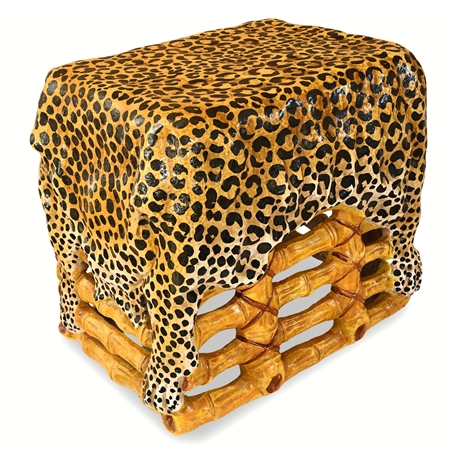 Italian Leopard-Drape Ottoman/Garden Seat on Faux Bamboo Frame, c. 1960