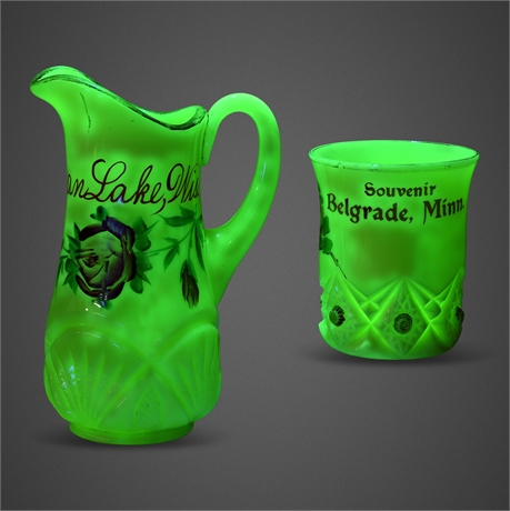 Custard & Uranium Glass Souvenir Set — Pelican Lake WI / Belgrade MN