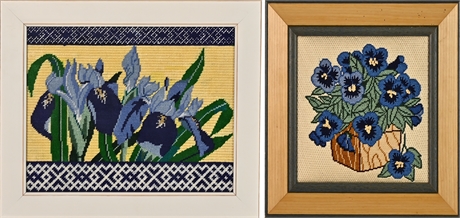 Pair Vintage Floral Needlepoint Panels