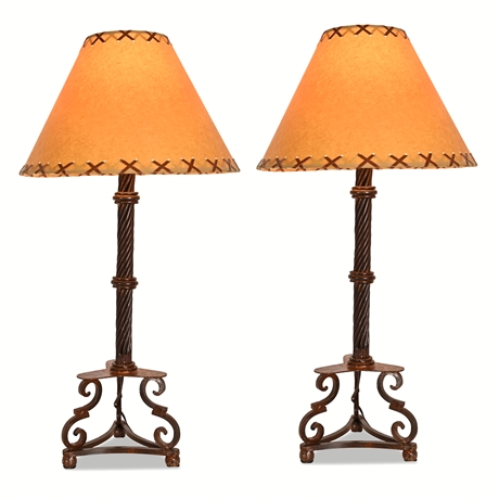 Pair Twisted Wrought Iron Table Lamps Rustic w/ Leather Trim Shades