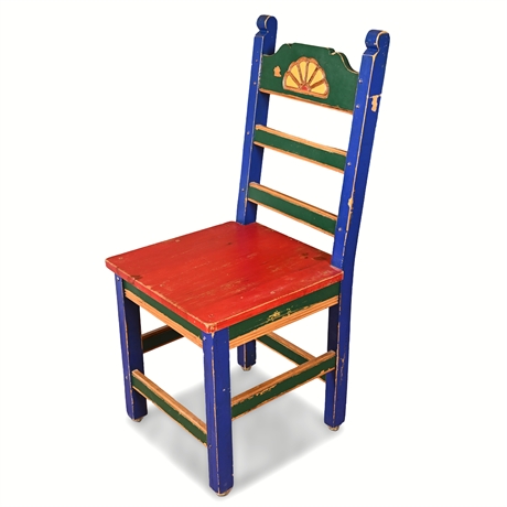 Painted Mexican Pine Chair – Carved Backrest & Rustic Folk Art
