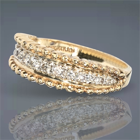 14K Yellow Gold Diamond Accent Band with Beaded Edge Design