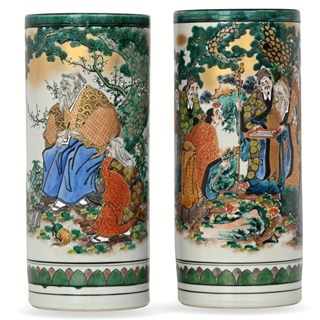 Pair of Chinese Famille Verte Style Porcelain Cylindrical Vases