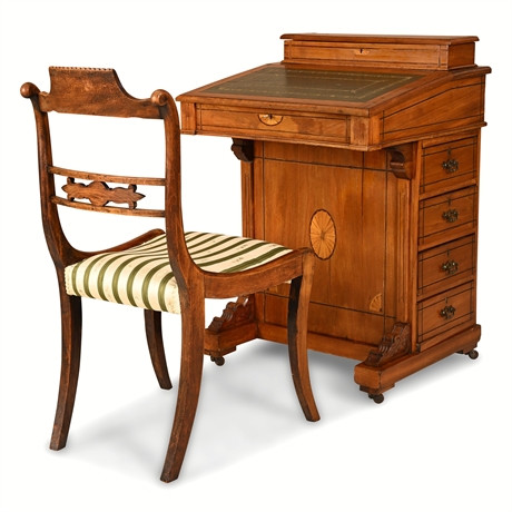 Inlaid Davenport Desk & Regency Brass-Inlay Side Chair