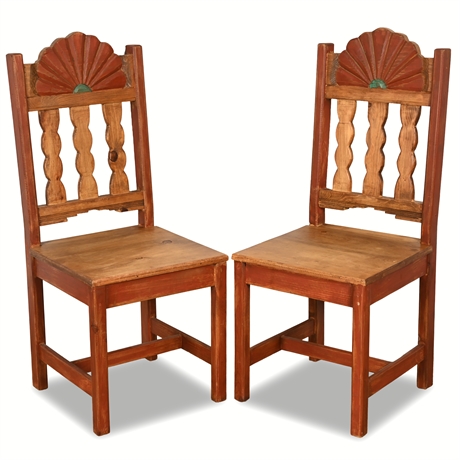 Pair of Rustic Mexican Pine Chairs with Hand-Carved Sunburst Backs, Solid Wood