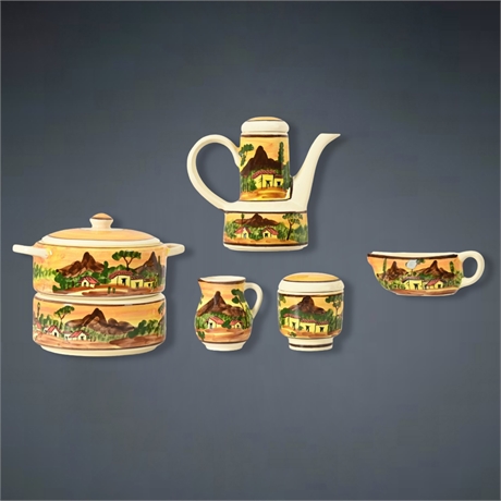 Vintage Mexican Hand-Painted Ceramic Serving Set – 5 Pieces with Village Scenes