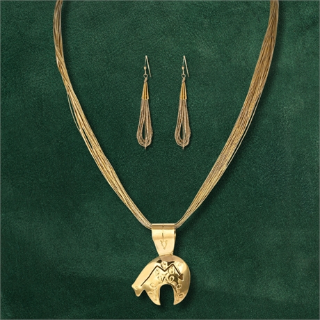 Navajo J.C. Delgarito Sterling Liquid Silver Necklace & Earrings Set, Gold Wash