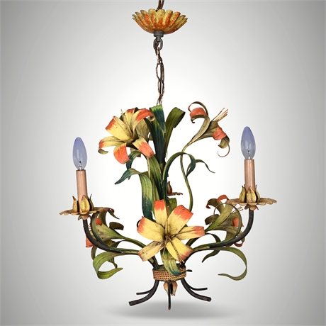 Vintage Italian Toleware Lily Chandelier – Hand-Painted, 3-Light, 21"