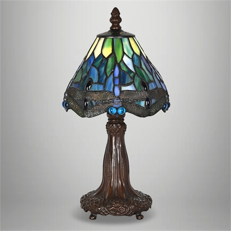 Tiffany Style Dragonfly Stained Glass Table Lamp with Bronze-Tone Base