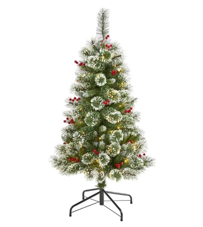 4' Frosted Pine Christmas Tree with 100 LED Lights and Berries