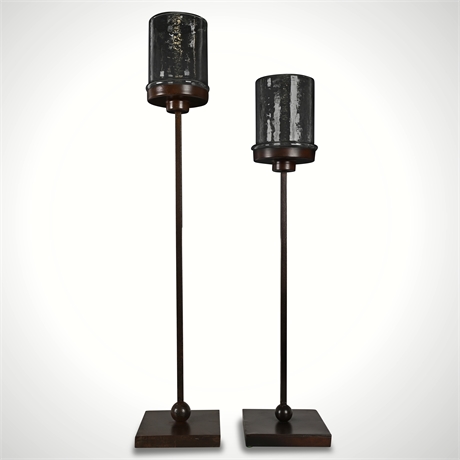 Pair of Jan Barboglio Style Patinated Steel & Blown Glass Candle Holders