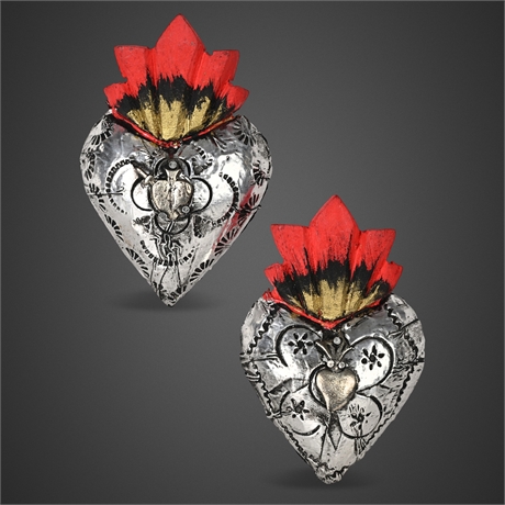 Pair of Mexican Folk Art Sacred Heart Wall Hangings – Carved Wood & Pressed Tin