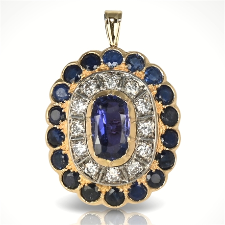 18K Yellow Gold Natural Sapphire & Diamond Brooch Pendant