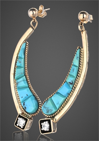 Silver Ray Navajo Sterling Turquoise Inlay Earrings w/ CZ Accents