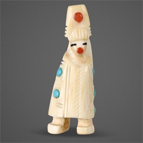 Gabe Sice Zuni Antler Maiden Fetish – Turquoise & Coral Inlay, Signed