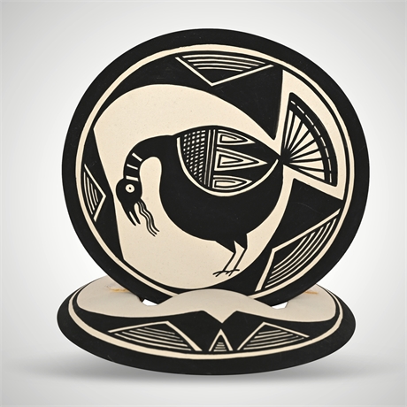 Steve Quarrell Hand‑Coiled Mimbres‑Style Bird Plaque with Stand, 2001
