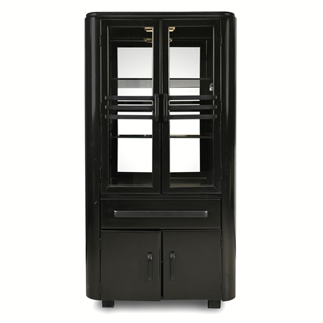 Art Deco Style Black Lacquered Lighted Display Cabinet with Mirrored Back