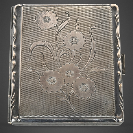Antique Alpacca Hoka Cigarette Case – Floral Engraving, Gilt Interior
